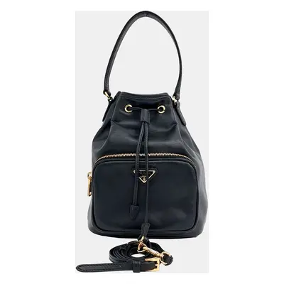 Prada Black Leather Bucket Tote Bag