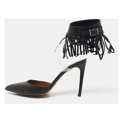 Valentino Black Leather and PVC C-Rockee Fringe Ankle Wrap Pumps Size 37.5