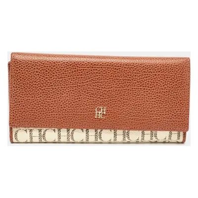 CH Carolina Herrera Brown/White Monogram Leather Flap Continental Wallet