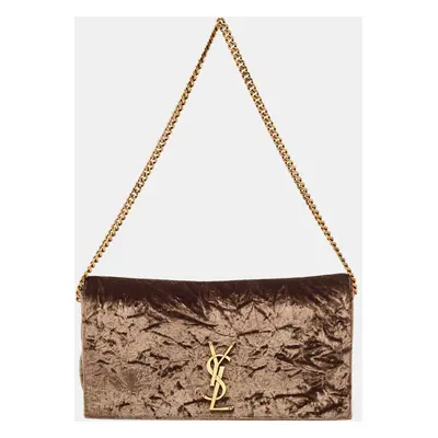 Saint Laurent Brown Crinkled Velvet Kate Wallet On Chain