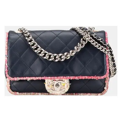 Chanel Navy Blue Quilted Lambskin and Tweed Elegant Trim Flap