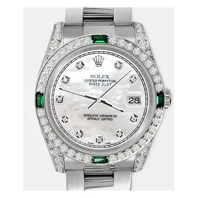 Rolex datejust green synthetic stones diamond bezel lugs white mop diamond dial Wristwatch