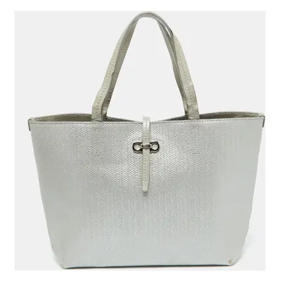 Salvatore Ferragamo Light Grey Embossed Leather Bice Tote