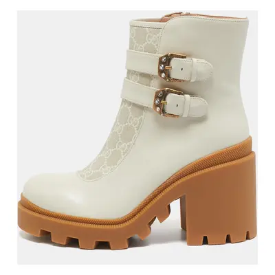 Gucci Off White Leather and GG Supreme Canvas Kensington Ankle Boots Size