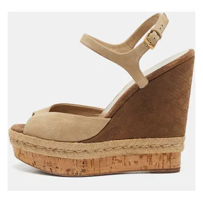 Gucci Beige/Brown Suede Wedge Platform Ankle Strap Sandals Size