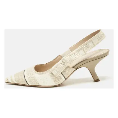 Dior Beige/White Canvas Striped Embroidered J'Adior Slingback Pumps Size