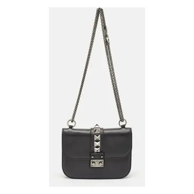 Valentino Black Leather Small Glam Lock Chain Shoulder Bag