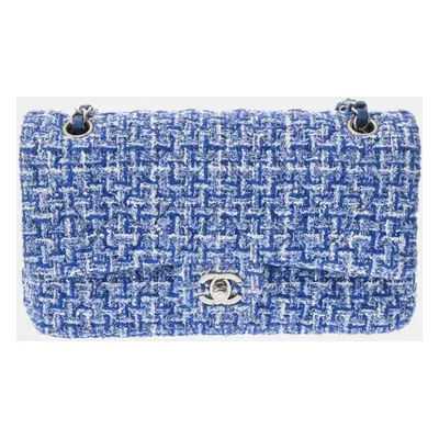 Chanel Blue Tweed Matelasse Chain Shoulder Double Flap Bag