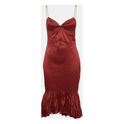 Roberto Cavalli Red Stretch Satin Flounce Midi Dress