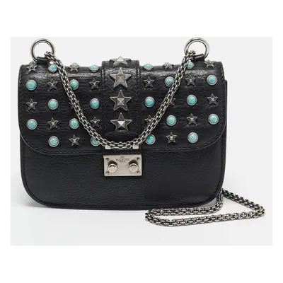 Valentino Black Leather Star Studded Glam Lock Shoulder Bag