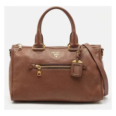 Prada Brown Leather Vitello Daino Zip Satchel