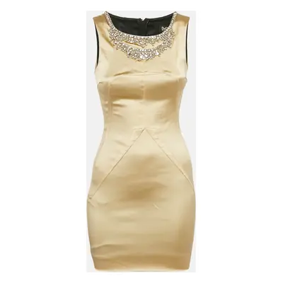 D&G Beige Embellished Sleeveless Satin Sheath Dress