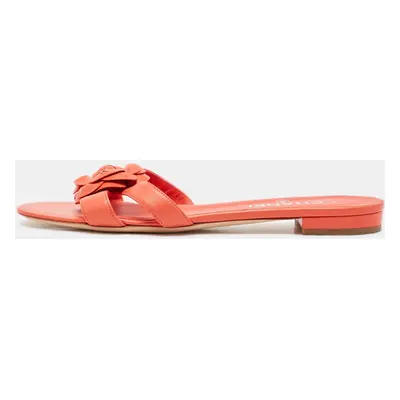 Chanel Burnt Orange Leather CC Camellia Open Toe Flat Slides Size