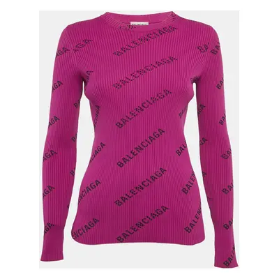 Balenciaga Purple Logo Print Rib Knit Long Sleeve Jumper