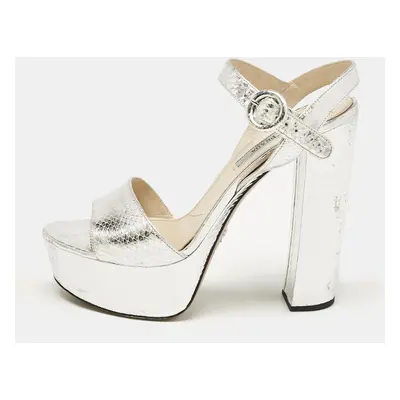 Prada Silver Python Embossed Leather Platform Ankle Strap Sandals Size