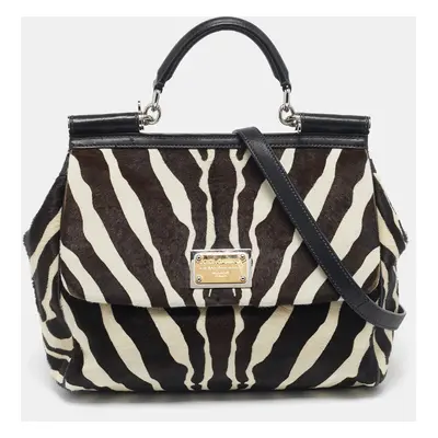 Dolce & Gabbana Brown/Off White Zebra Print Calf Hair Miss Sicily Top Handle Bag