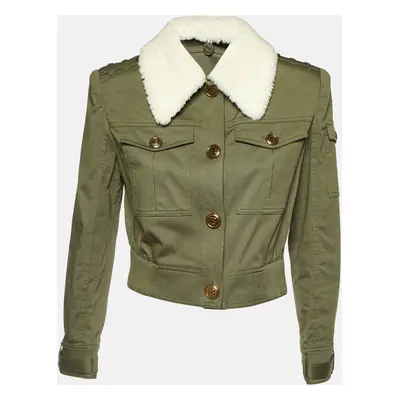 Balmain Blue Green Shearling Trim Cotton Structured Shoulder Jacket