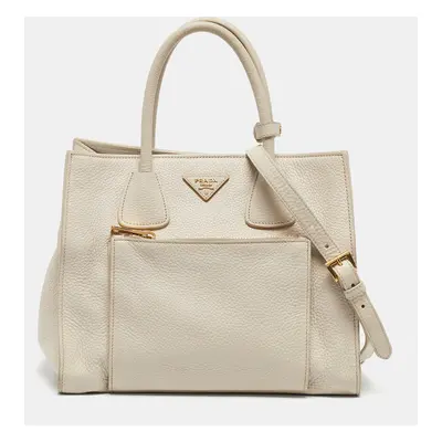 Prada Off Whie Vitello Daino Leather Front Pocket Wing Tote