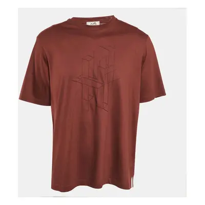 Hermes Brown Geometric Embroidered Jersey T-Shirt