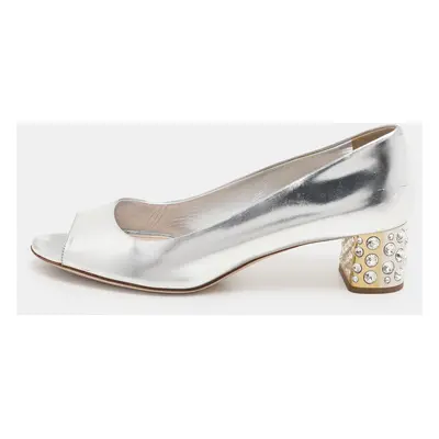 Miu Miu Silver Leather Crystal Embellished Block Heel Peep Toe Pumps Size 38.5