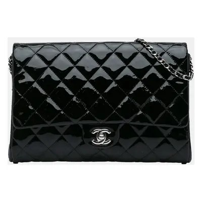 Chanel Black CC Quilted Patent Clutch With Chain