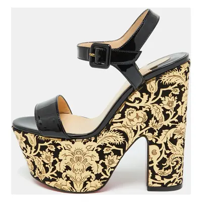 Christian Louboutin Black/Gold Patent Leather Bella Tige Floral Platform Sandals Size