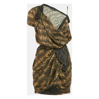 Isabel Marant Black Printed Satin Asymmetric Wrap Mini Dress