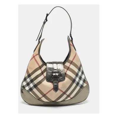 Burberry Metallic/Beige Nova Check PVC and Patent Leather Brooke Hobo