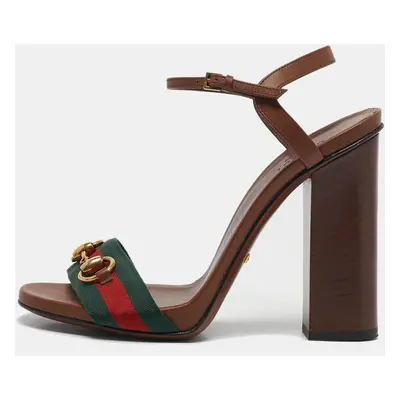 Gucci Brown Leather Web Horsebit Ankle Strap Block Heel Sandals Size 38.5