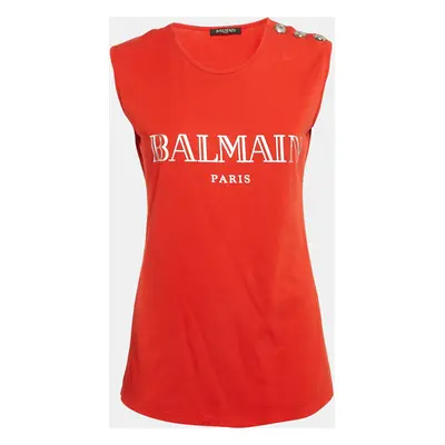 Balmain Orange Logo Print Jersey Button Detail Sleeveless T-Shirt