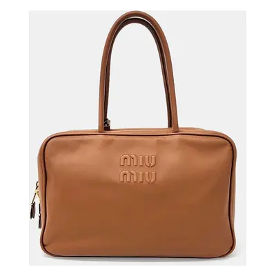 Miu Miu Brown Leather Embossed Logo Bowling Bag