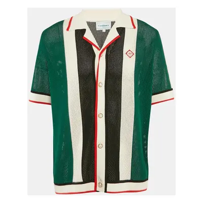 Casablanca Green Striped Crochet Short Sleeve Tennis Club Shirt