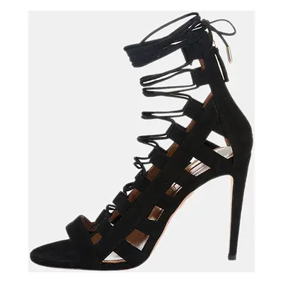 Aquazzura Black Suede Amazon Lace Up Open Toe Sandals Size 38.5