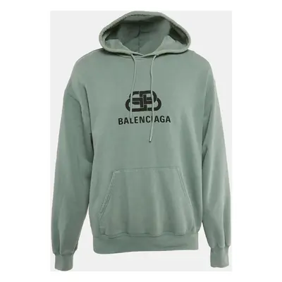 Balenciaga Blue Logo Print Cotton Knit Hoodie