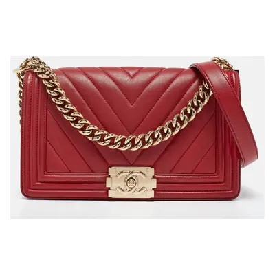 Chanel Red Chevron Leather Medium Boy Flap Bag