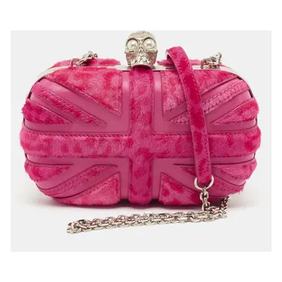 Alexander McQueen Fuchsia Calf Hair Britannia Skull Box Chain Clutch