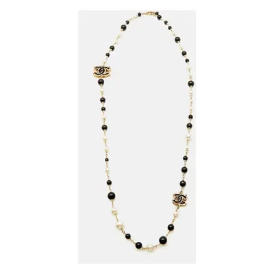 Chanel Faux Pearl Black Beads Gold Tone CC Baroque Station Necklace