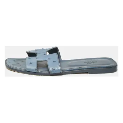 Hermes Blue Ostrich Leather Oran Flat Slide Sandals Size