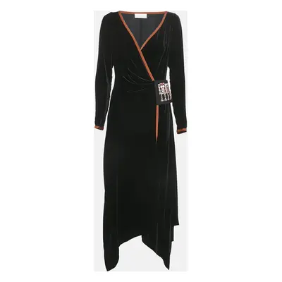 Peter Pilotto Black Velvet Stud Detail Asymmetric Wrap Dress