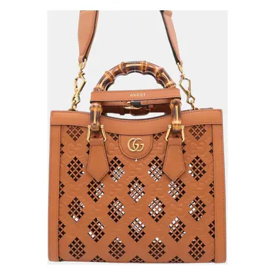 Gucci Light Brown Diamond Cutout Leather Diana Bamboo Tote Bag