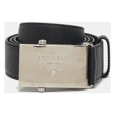 Prada Black Leather Logo Plague Buckle Belt