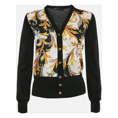 Versace Black/Yellow Barocco Print Crepe and Cotton Cardigan