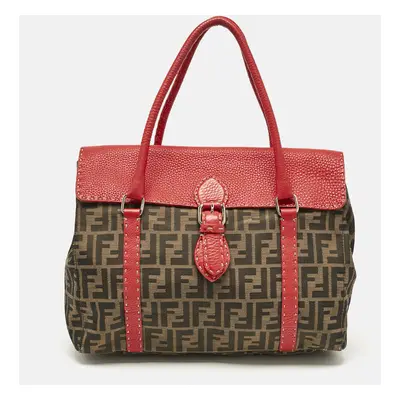 Fendi Red/Tobacco Zucca Canvas and Selleria Leather Large Linda Satchel