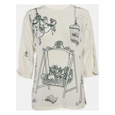 Dolce & Gabbana Off White Bird Cage Print Silk Blouse