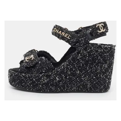 Chanel Black Quilted Tweed CC Platform Wedge Sandals Size