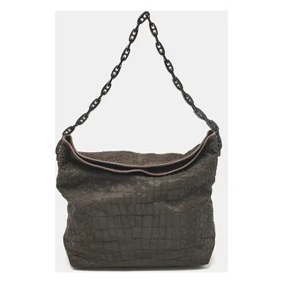 Gianfranco Ferre Dark Brown Fabric and Leather Chain Bucket Bag