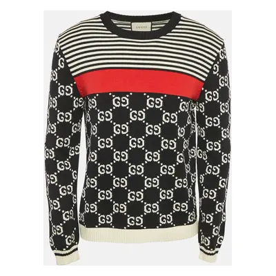 Gucci Black Navy Blue GG Jacquard Cotton Knit Crewneck Sweater