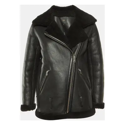 Maje Black Leather Shearling Gombery Biker Jacket