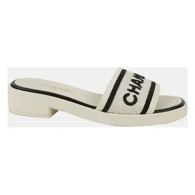 Chanel Ivory Logo Embroidered Mule Slippers Size 38.5