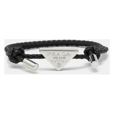 Prada Black Leather Silver Tone Bracelet